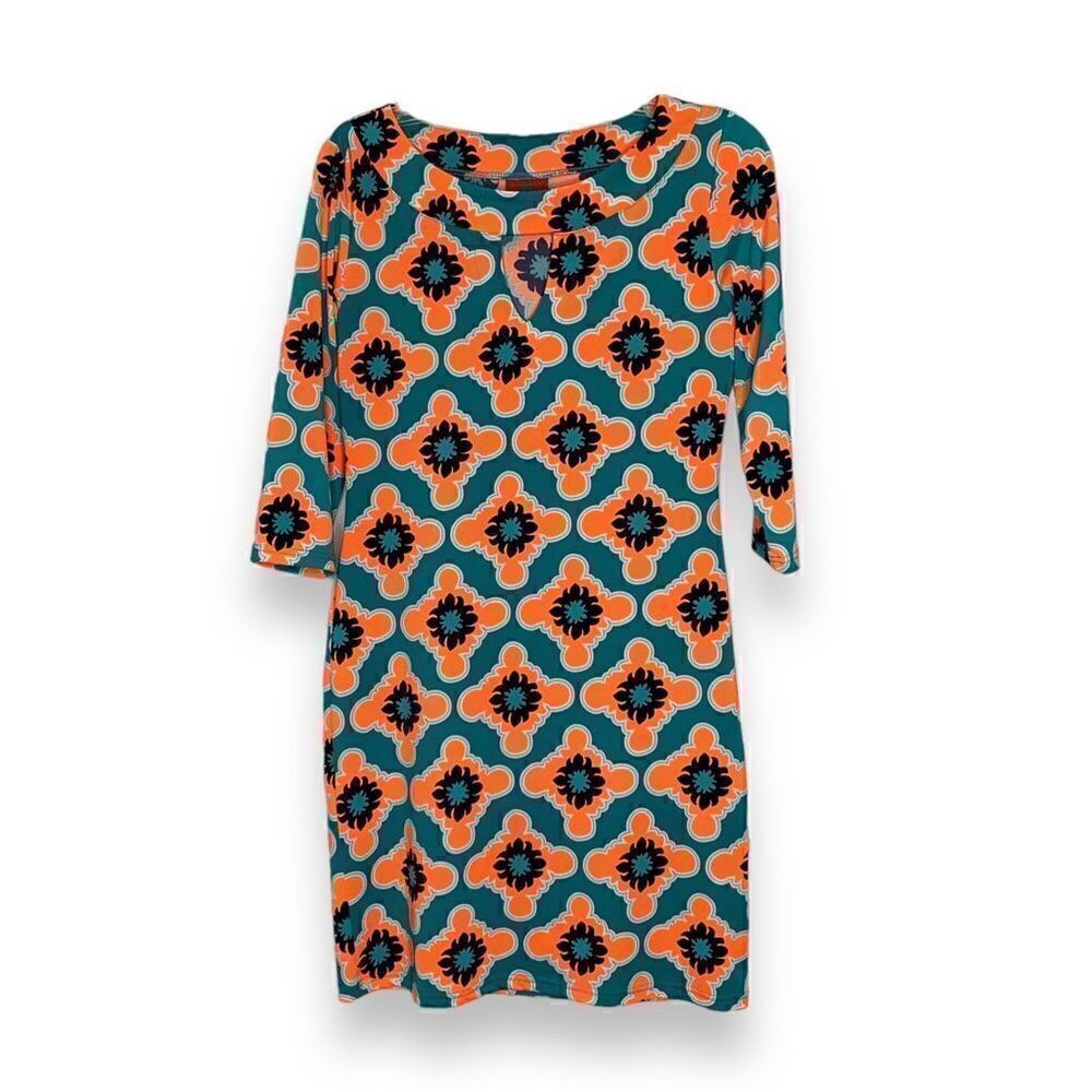Tracy Negoshian Dress XS Neon Orange Teal White Geometric Ruffle 3/4 Sleeve Mini